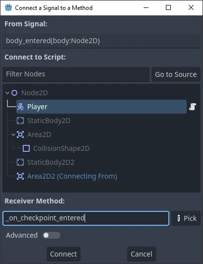 Godot Connect a Signal to a Method dialogue box with the reciever method changed to _on_checkpoint_entered